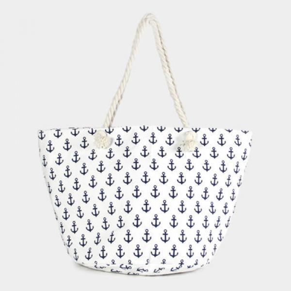 Designer Inspired White Anchor Print Canvas Zip Beach Bag 333216 #1 image