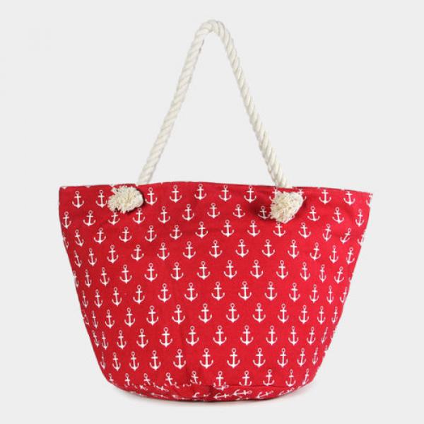 Designer Inspired Red Anchor Print Canvas Zip Beach Bag 333215 #1 image