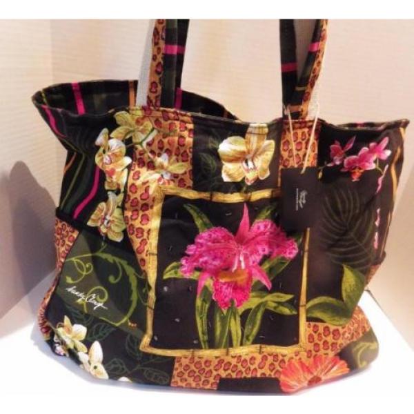 Big Beautiful SANDY CLOUGH Canvas Tote Beach Bag Overnight Orchids Leopard Print #1 image