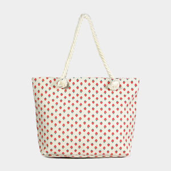 Designer Inspired Ivory Strawberry Print Linen Canvas Zip Beach Tote Bag 333217 #1 image