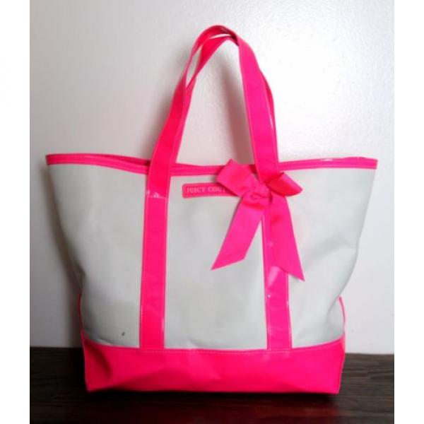 LARGE JUICY COUTURE OFF WHITE NYLON CANVAS HOT PINK TRIM TOTE BEACH BAG HANDBAG #1 image