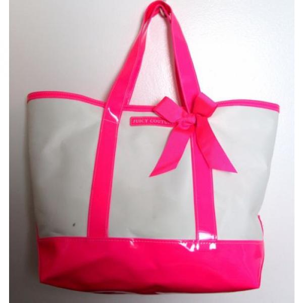 LARGE JUICY COUTURE OFF WHITE NYLON CANVAS HOT PINK TRIM TOTE BEACH BAG HANDBAG #2 image