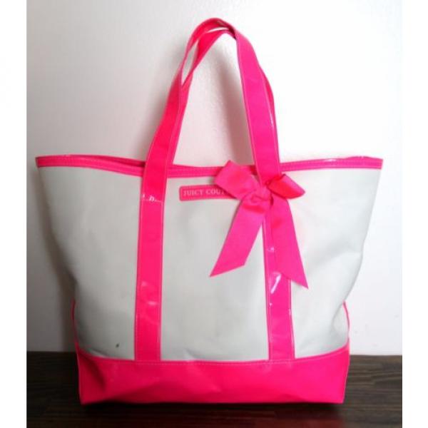 LARGE JUICY COUTURE OFF WHITE NYLON CANVAS HOT PINK TRIM TOTE BEACH BAG HANDBAG #3 image