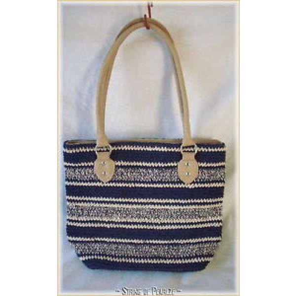 BLUE &amp; WHITE Double Strap Tight Knit Woven Handbag Beach Bag Purse Tote #1 image