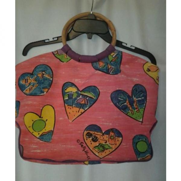 Sally Huss Handbag Tote Beach Bag with Hearts Pinks &amp; Purple large canvas 12x13 #2 image