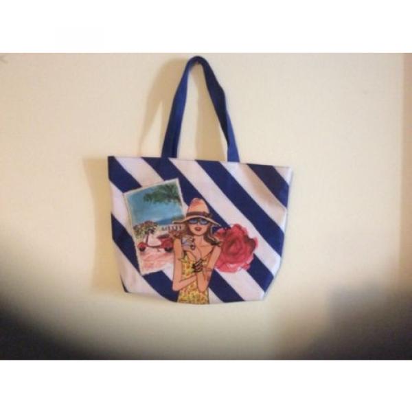 lancome beach bag blue/white striped flower travel #3 image