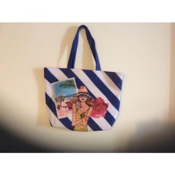 lancome beach bag blue/white striped flower travel #4 image