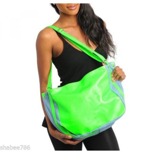 RL1 BEACH TRAVEL TOTE SHOULDER Large BAG Purse Denim Blue Neon Green 12 x 18 x 5 #1 image