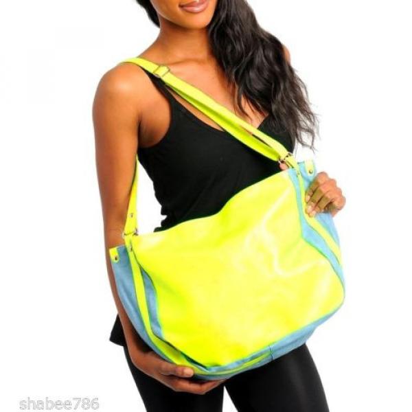 RL1 BEACH TRAVEL TOTE SHOULDER Large BAG Purse Denim Blue Neon Yellow 12 x 18 x5 #1 image