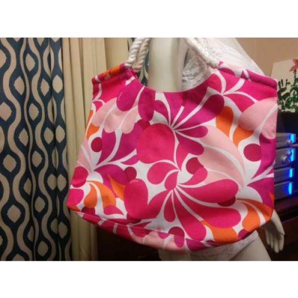 NWOT CLINIQUE Pink Orange White Flower Floral w/Rope Summer Tote Beach Bag #3 image