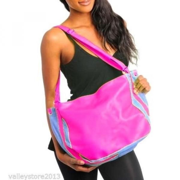 RX1 Large NEON Pink Beach TOTE BAG Shoulder Travel Purse Denim NEW 17 X 12 X 5 #1 image