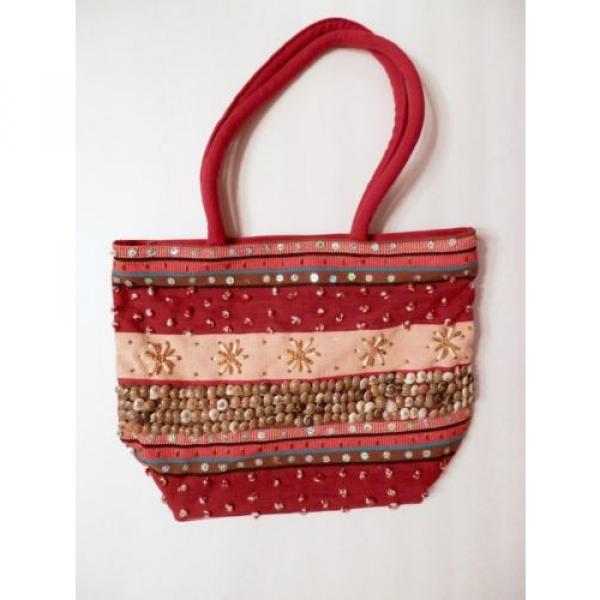 Red and Tan Strip Beaded Sea Shell Beach Summer Bag #1 image