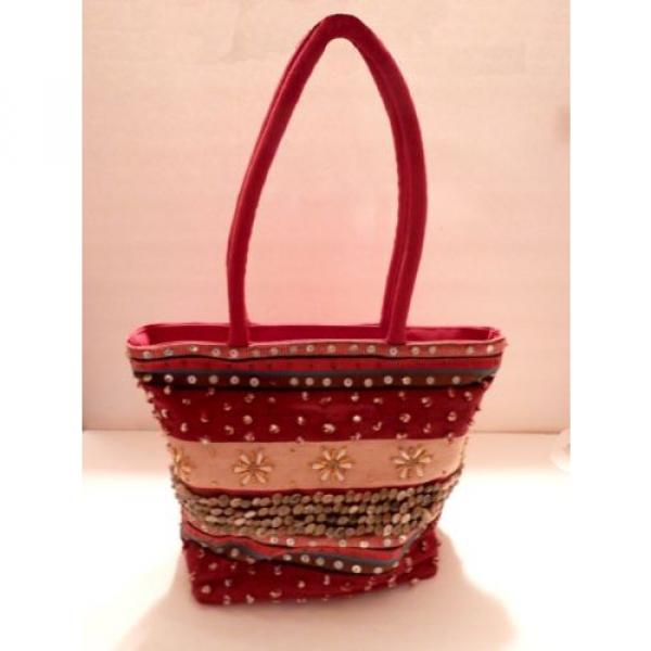 Red and Tan Strip Beaded Sea Shell Beach Summer Bag #3 image