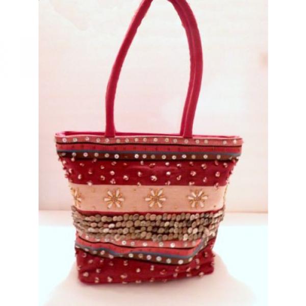 Red and Tan Strip Beaded Sea Shell Beach Summer Bag #4 image