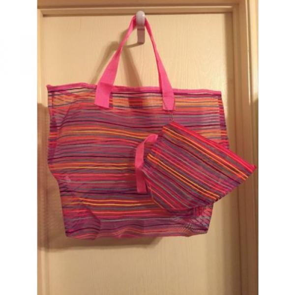 LG Pink Bordered Striped With Multi Colored Beach Bag With Make-up Bag NWOT #1 image