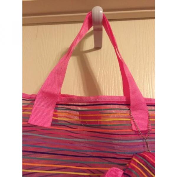 LG Pink Bordered Striped With Multi Colored Beach Bag With Make-up Bag NWOT #4 image