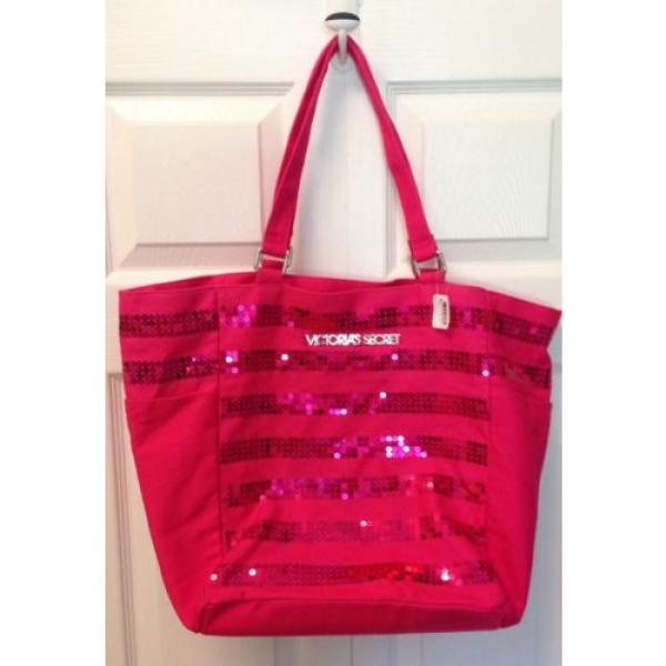 Victoria&#039;s Secret Pink Sequined Striped Canvas Tote Sequin Beach Bag New! #1 image