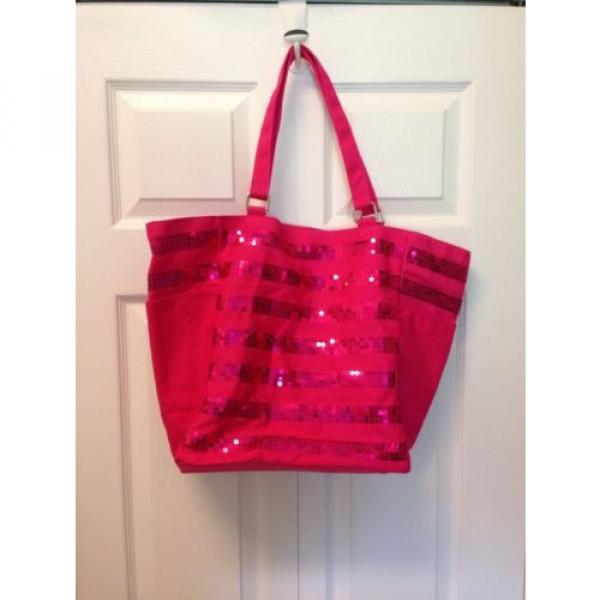 Victoria&#039;s Secret Pink Sequined Striped Canvas Tote Sequin Beach Bag New! #2 image