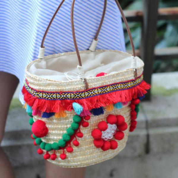 Women&#039;s handmade straw bag beach handbag with pom poms embroidery tassels #2 image