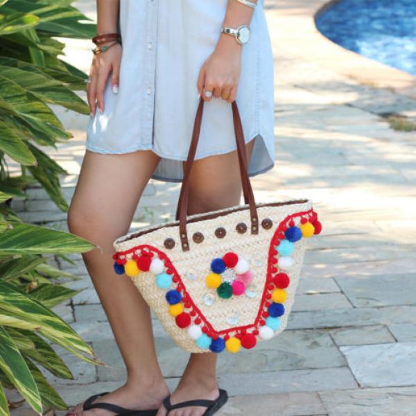 Women&#039;s handmade summer beach straw bag handbag with pom poms tassels shells #4 image