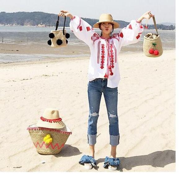 Korea Cool girl cute cherry ball ball shoulder bag straw bags beach bags #3 image