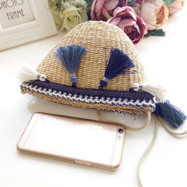 Women&#039;s handmade woven summer beach mini straw bag with pom pom beads tassels #5 image