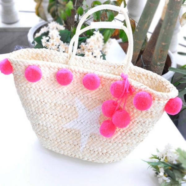 Women&#039;s handmade summer beach big straw bag with pink mint pom pom star print #1 image