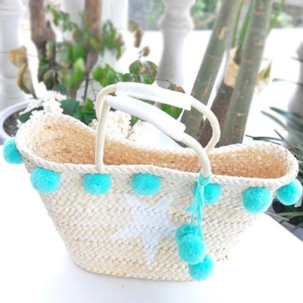 Women&#039;s handmade summer beach big straw bag with pink mint pom pom star print #2 image