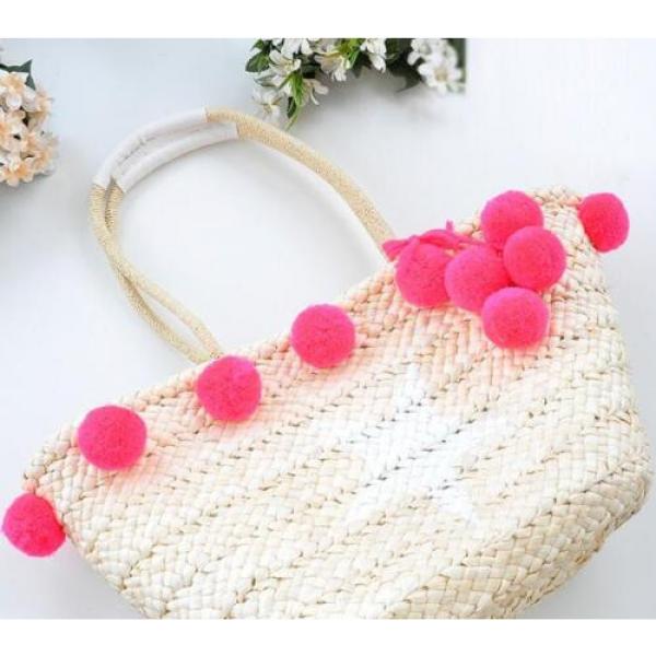 Women&#039;s handmade summer beach big straw bag with pink mint pom pom star print #3 image