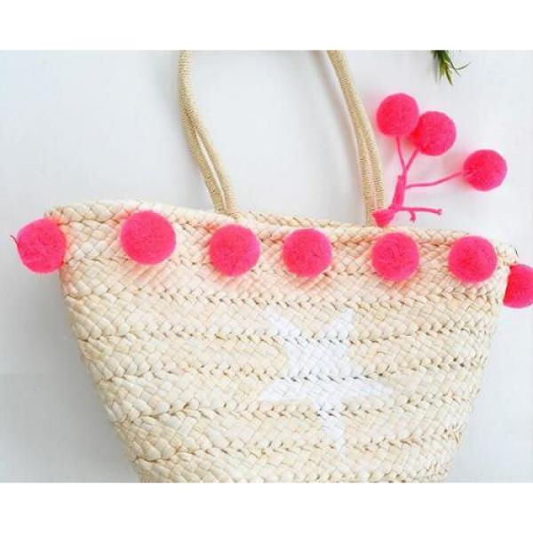 Women&#039;s handmade summer beach big straw bag with pink mint pom pom star print #4 image