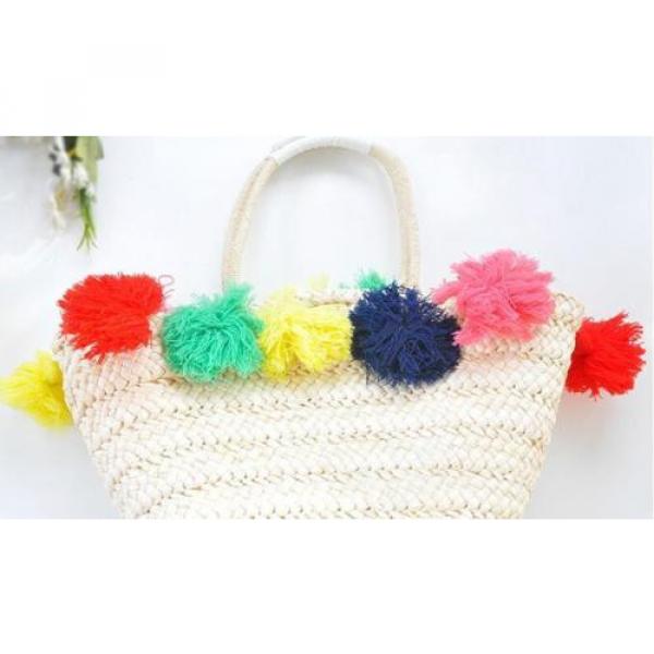 Women&#039;s handmade summer beach straw bag with colorful tassels and letter graphic #2 image