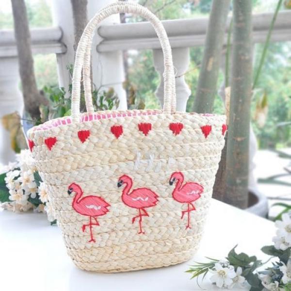 Women&#039;s handmade summer beach straw bag flamingo ice cream cactus embroidery #1 image