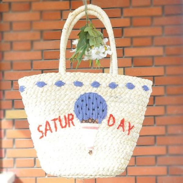 Women&#039;s handmade summer beach straw bag flamingo ice cream cactus embroidery #3 image