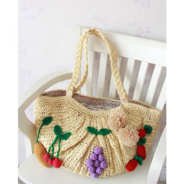 Women&#039;s handmade large summer beach straw bag with crocheted fruits and pom pom #2 image