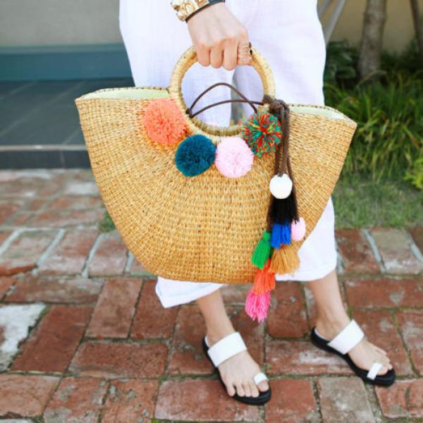 Women&#039;s handmade woven round straw bag beach summer bag with big pom pom tassels #1 image