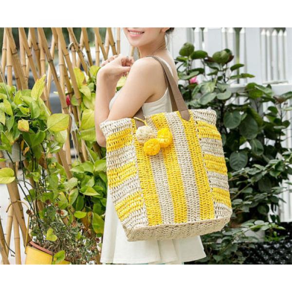 Women&#039;s handmade summer beach large straw bag with stripe design and pom poms #1 image