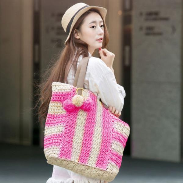 Women&#039;s handmade summer beach large straw bag with stripe design and pom poms #2 image