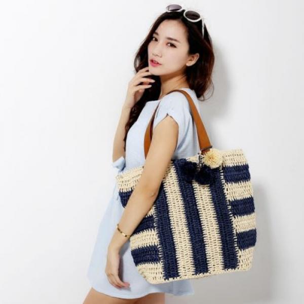 Women&#039;s handmade summer beach large straw bag with stripe design and pom poms #4 image