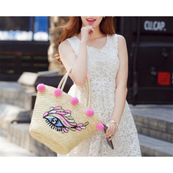 Women&#039;s handmade summer beach straw bag with pink pom pom sequin eye embroidery #1 image