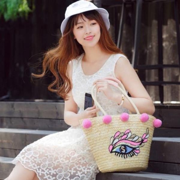 Women&#039;s handmade summer beach straw bag with pink pom pom sequin eye embroidery #3 image