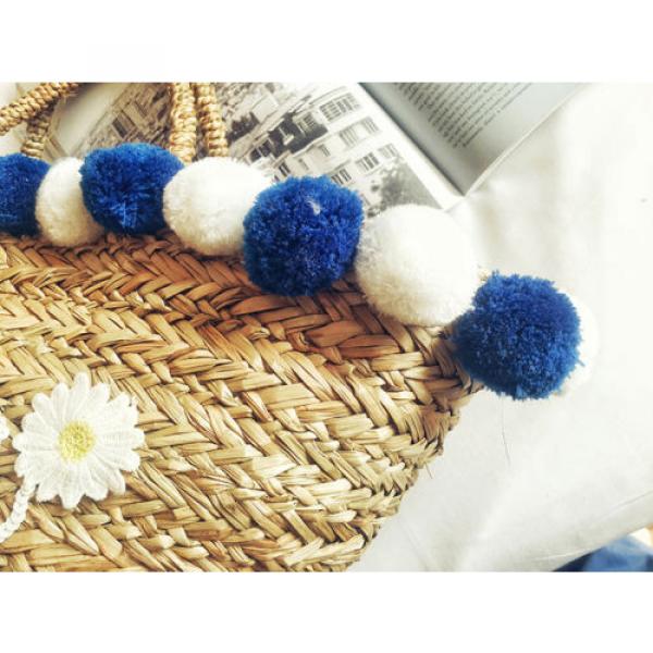 Women&#039;s handmade woven straw summer beach bag with pom pom sequin Sea flower #4 image