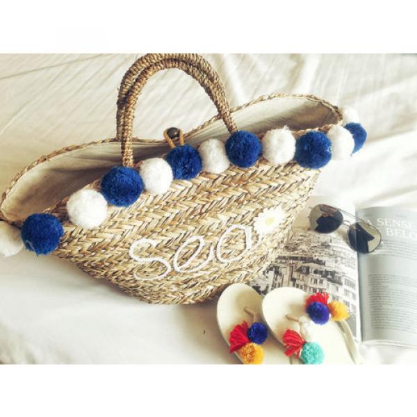 Women&#039;s handmade woven straw summer beach bag with pom pom sequin Sea flower #5 image