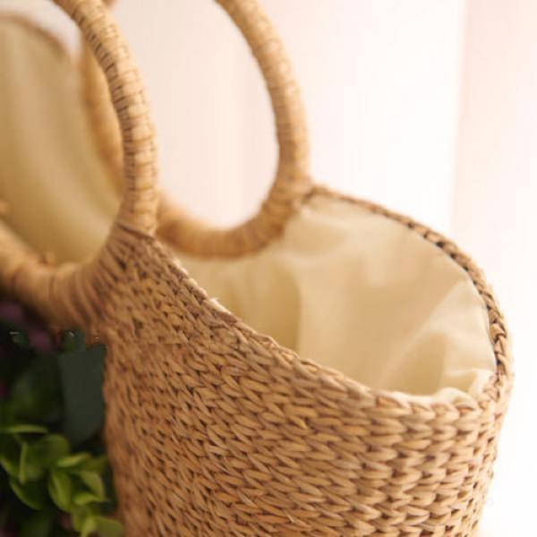 Women&#039;s handmade summer beach straw round bag with artificial flowers blossoms #3 image