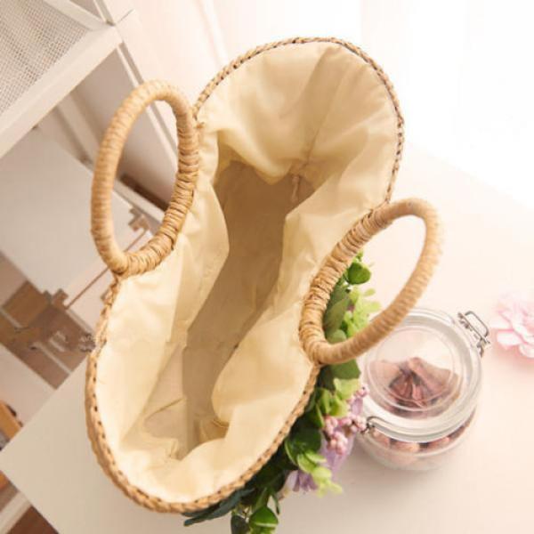 Women&#039;s handmade summer beach straw round bag with artificial flowers blossoms #5 image