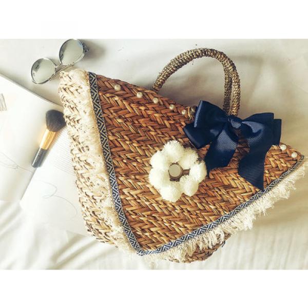 Women&#039;s handmade summer beach straw bag with pom pom fringe appliques bow pearls #1 image