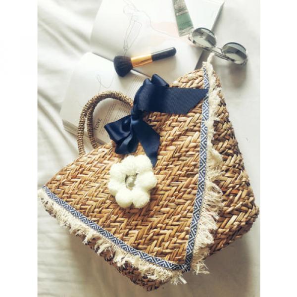 Women&#039;s handmade summer beach straw bag with pom pom fringe appliques bow pearls #5 image