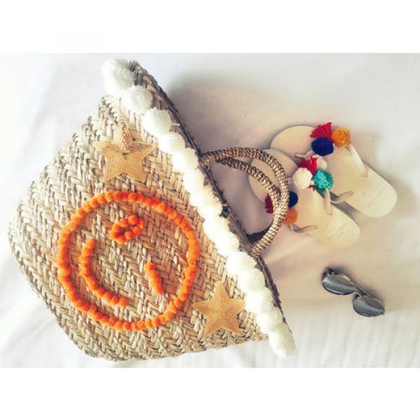 Women&#039;s handmade summer beach straw bag with pom pom emoji smile and sequin star #4 image