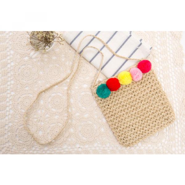 Women&#039;s handmade summer beach small straw cross body bag with colorful pom poms #3 image