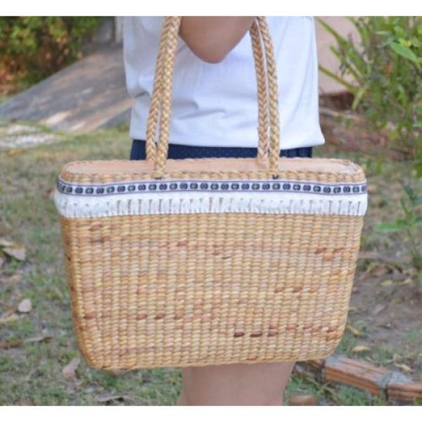 Natural Straw Woven Tote Bag Handbag Beach Bag Boho Vintage Hippie Fabric Ribbon #3 image