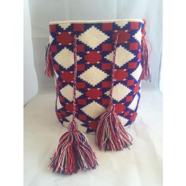 NEW 100% HANDMADE WAYUU MOCHILA TOTE drawstring beach WHITE RED BLUE FRINGE BAG #1 image